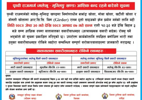 मलेखु–मुग्लिन सडक आजदेखि राति साढे चार घण्टा बन्द हुने