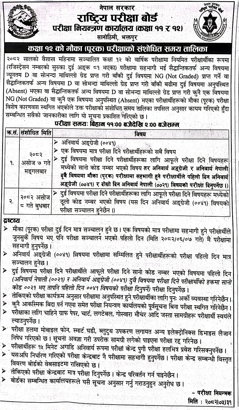 कक्षा १२ को स्थगित मौका परीक्षा ७ र ८ गते हुने